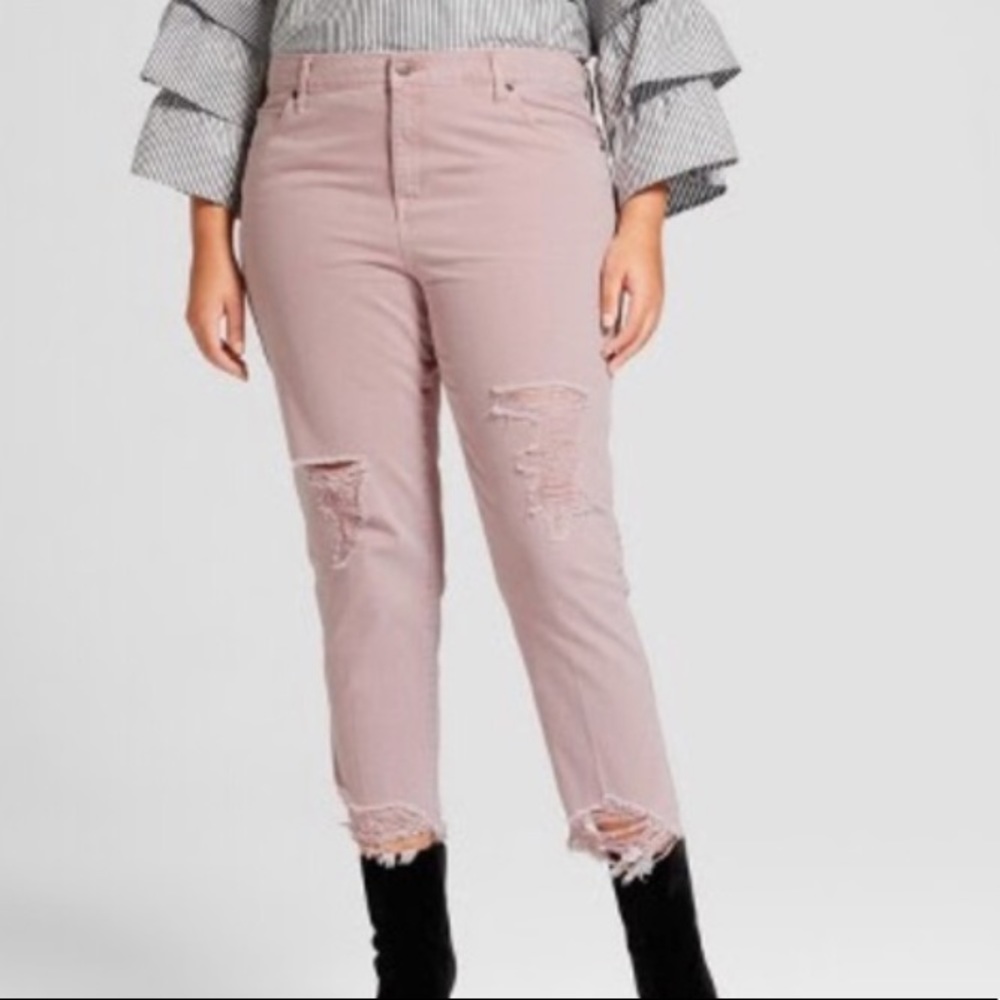 Pink Distressed Boyfriend Crop Jeans